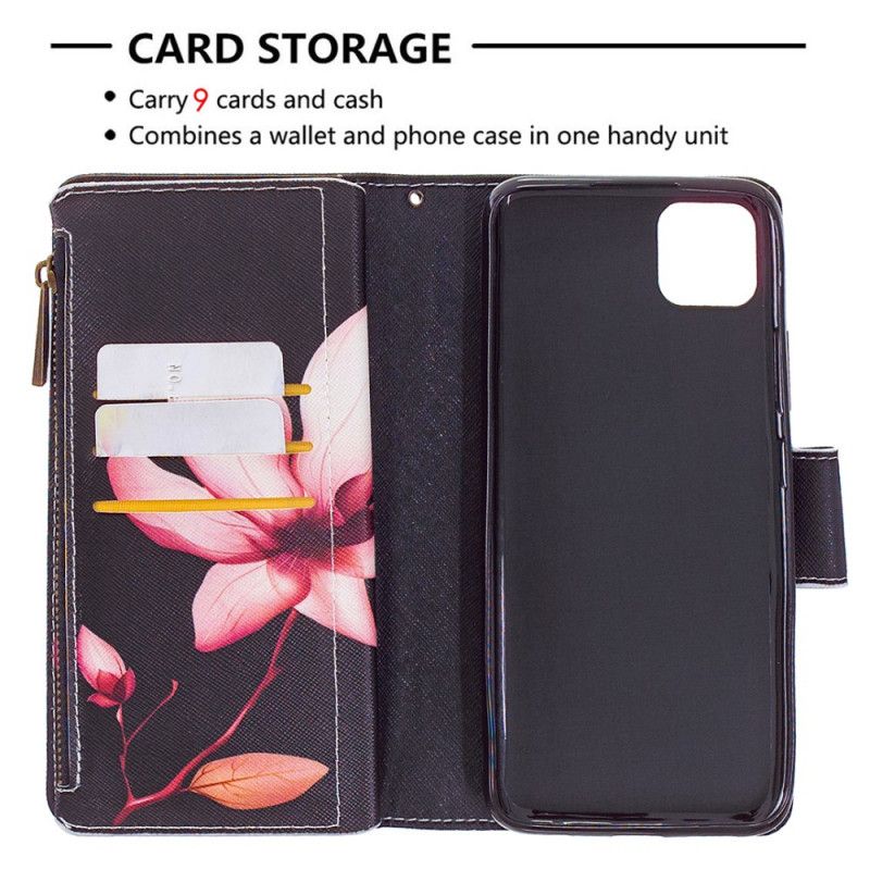Leren Hoesje voor Realme C11 Wit Zwart Bloemenvak Met Ritssluiting