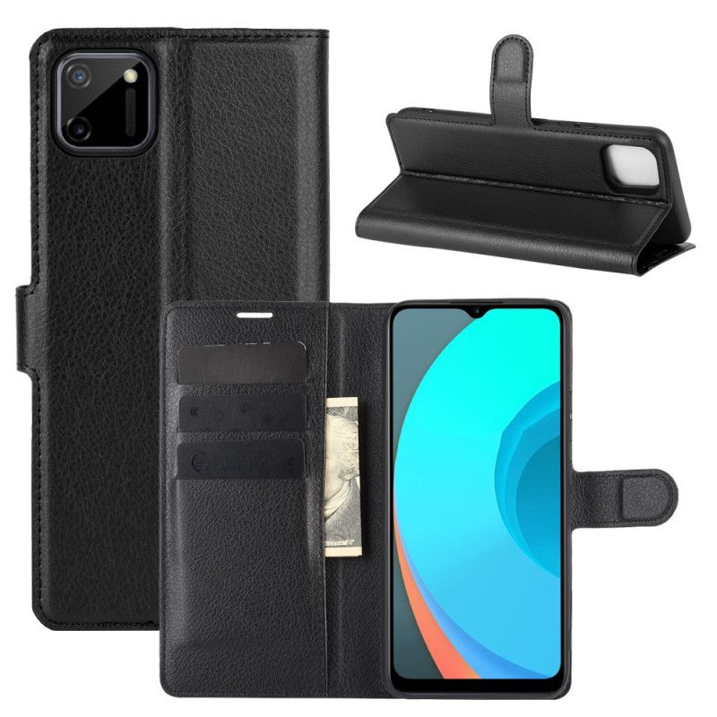 Leren Hoesje voor Realme C11 Wit Zwart Klassiek Lychee-Effect
