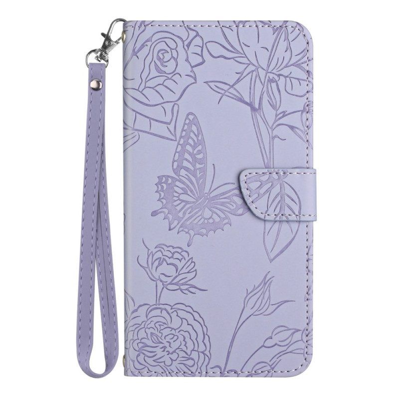 Leren Hoesje voor Realme C30 Met Ketting Riem Bloemen Paillon