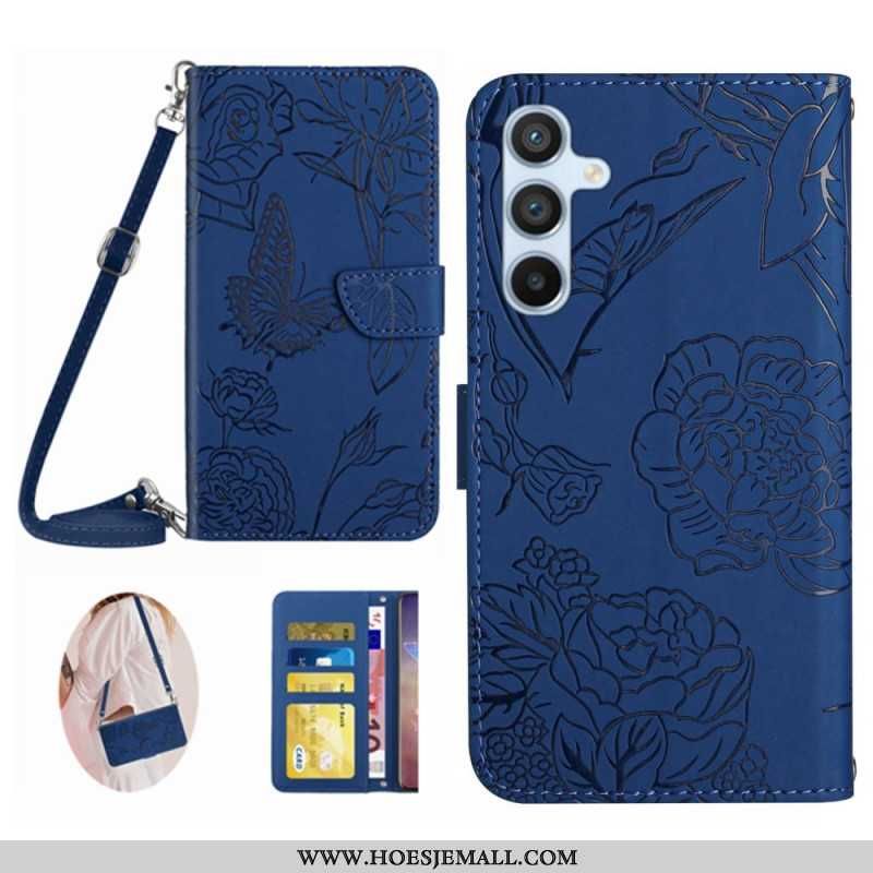 Leren Hoesje Voor Samsung Galaxy M55 5g Vlinderprint Met Schouderband