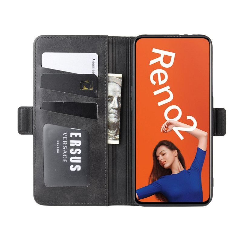 Leren Hoesje Oppo Reno 2 Rood Zwart Dubbele Klep