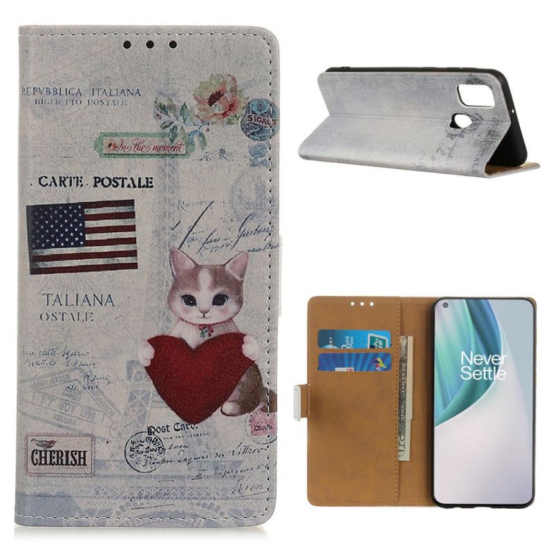 Flip Case Leren OnePlus Nord N10 Reizende Kat