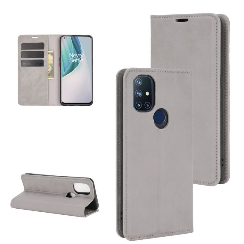Folio-hoesje OnePlus Nord N10 Grijs Zwart Telefoonhoesje Zijdezacht Leereffect