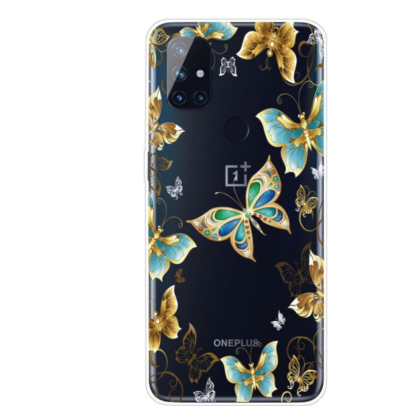 Hoesje voor OnePlus Nord N10 Goud Donkerblauw Design Vlinders
