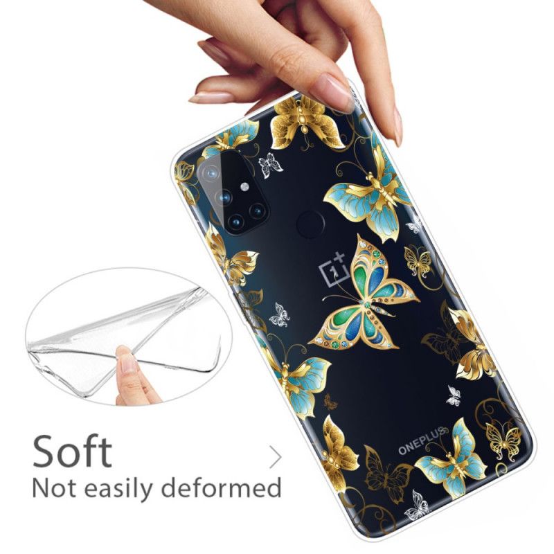 Hoesje voor OnePlus Nord N10 Goud Donkerblauw Design Vlinders
