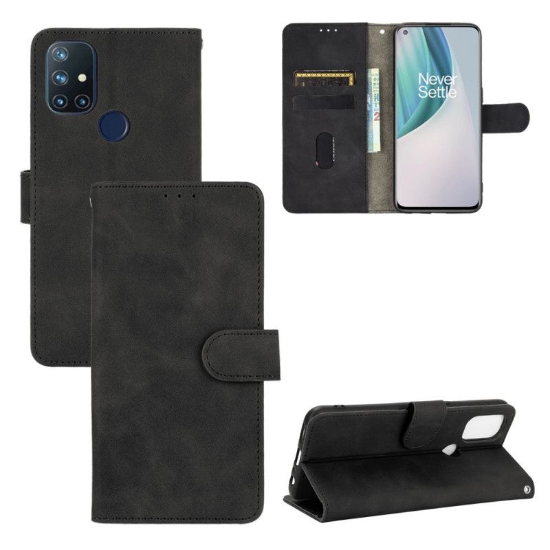Leren Hoesje OnePlus Nord N10 Magenta Zwart Huid-Aanraking