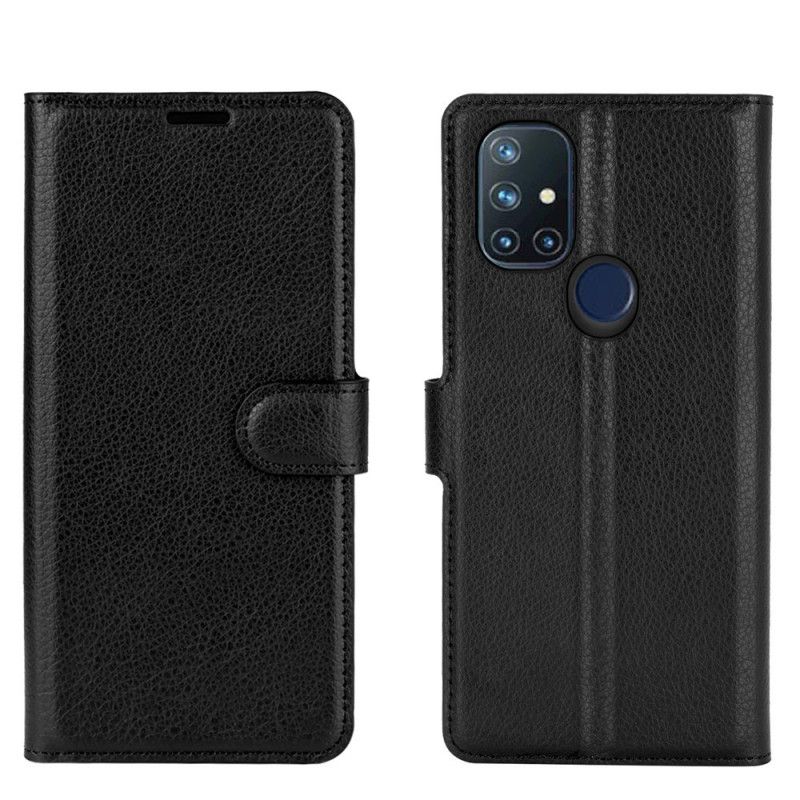 Leren Hoesje voor OnePlus Nord N10 Wit Zwart Klassiek Lychee-Effect