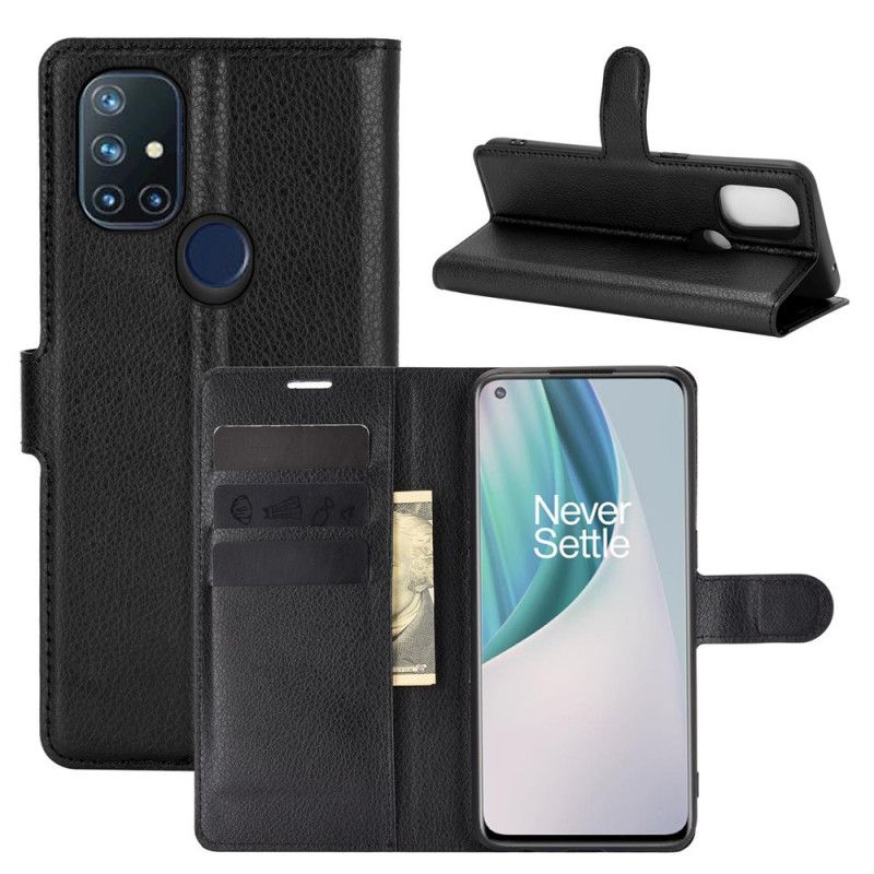 Leren Hoesje voor OnePlus Nord N10 Wit Zwart Klassiek Lychee-Effect