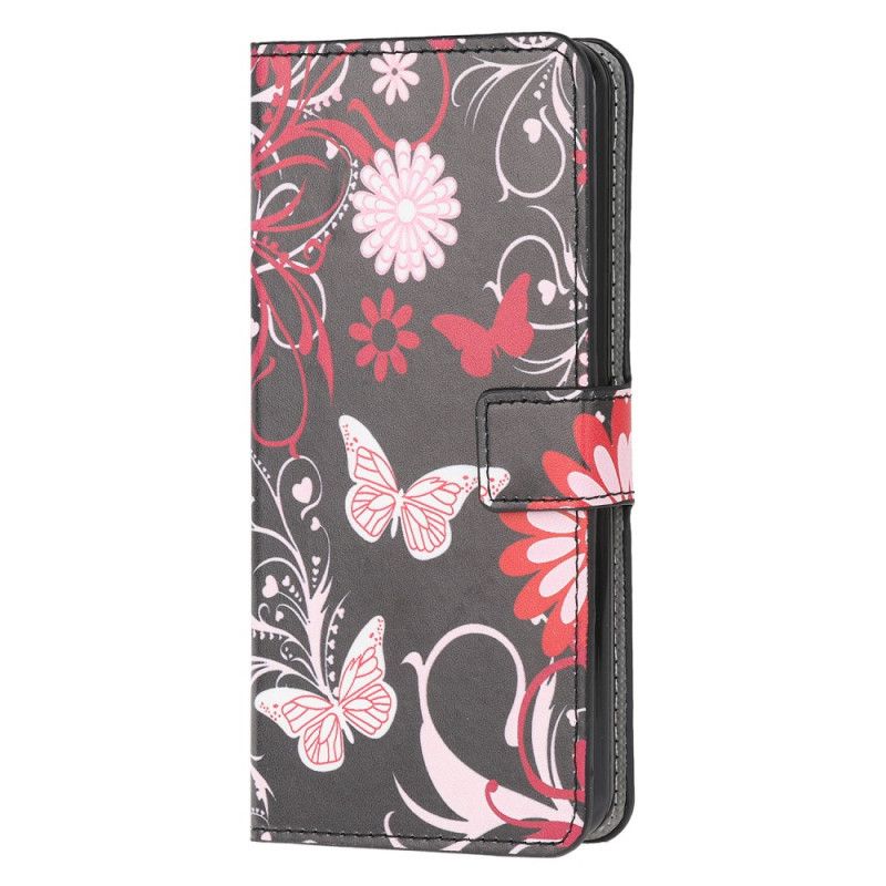 Leren Hoesje voor OnePlus Nord N10 Wit Zwart Vlinders En Bloemen