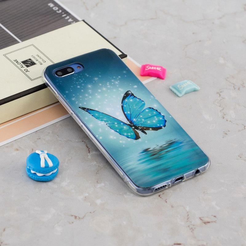 Cover Hoesje Honor 10 Telefoonhoesje Fluorescerende Blauwe Vlinder