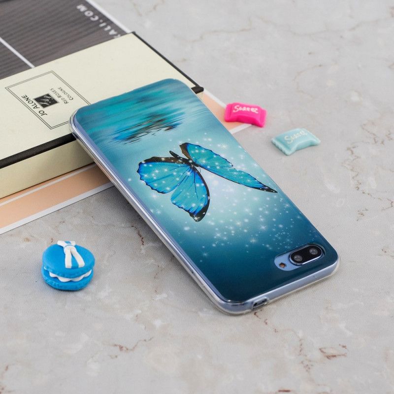 Cover Hoesje Honor 10 Telefoonhoesje Fluorescerende Blauwe Vlinder