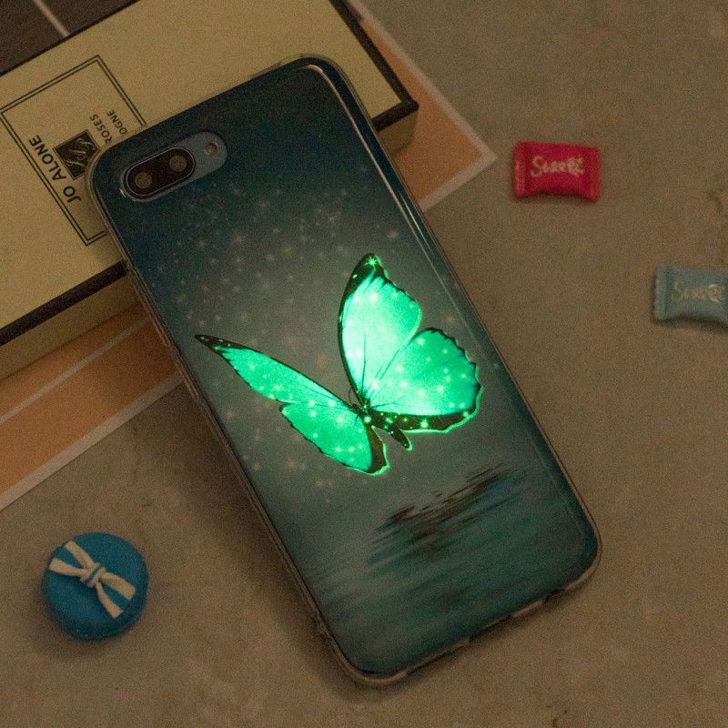 Cover Hoesje Honor 10 Telefoonhoesje Fluorescerende Blauwe Vlinder