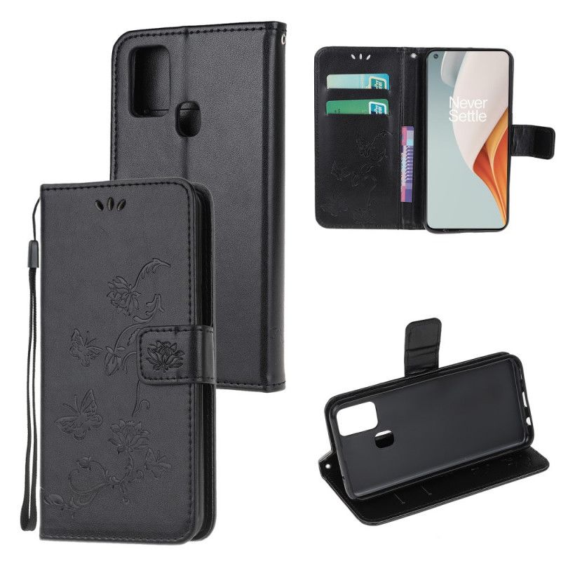 Flip Case Leren OnePlus Nord N100 Grijs Zwart Vlinders En Stringbloemen