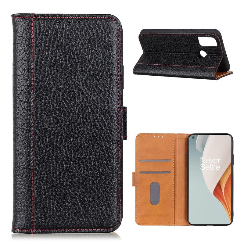 Leren Hoesje voor OnePlus Nord N100 Rood Zwart Gestikt Lychee Leereffect