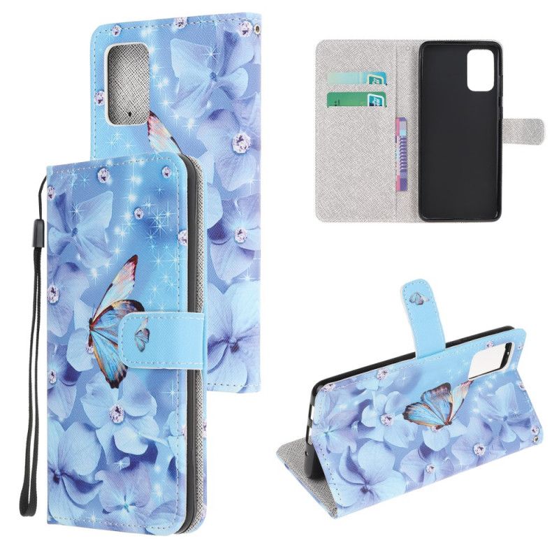 Leren Hoesje Samsung Galaxy S20 FE Diamanten Vlinders Met String
