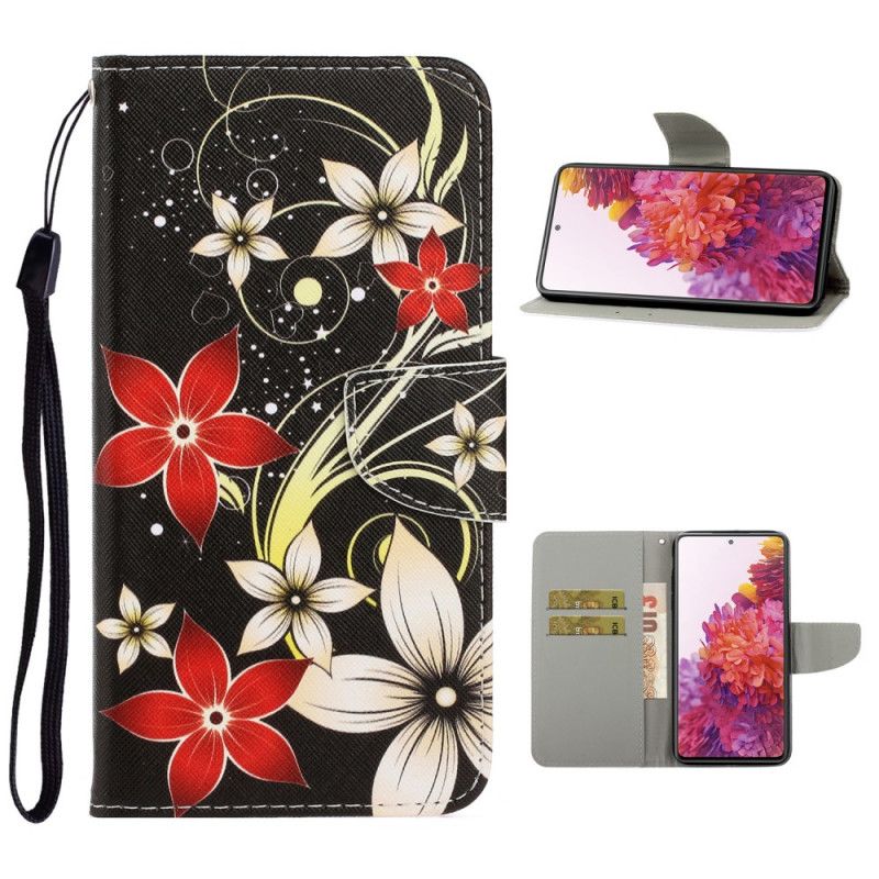 Leren Hoesje Samsung Galaxy S20 FE Kleurrijke Bloemen Met String