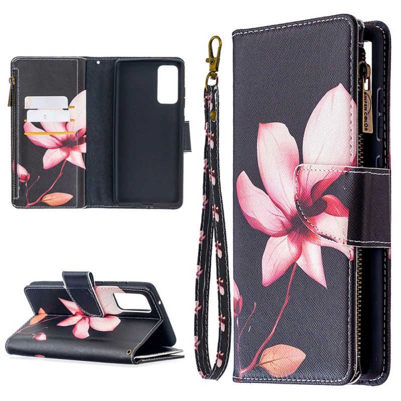 Leren Hoesje Samsung Galaxy S20 FE Wit Zwart Bloemenvak Met Ritssluiting