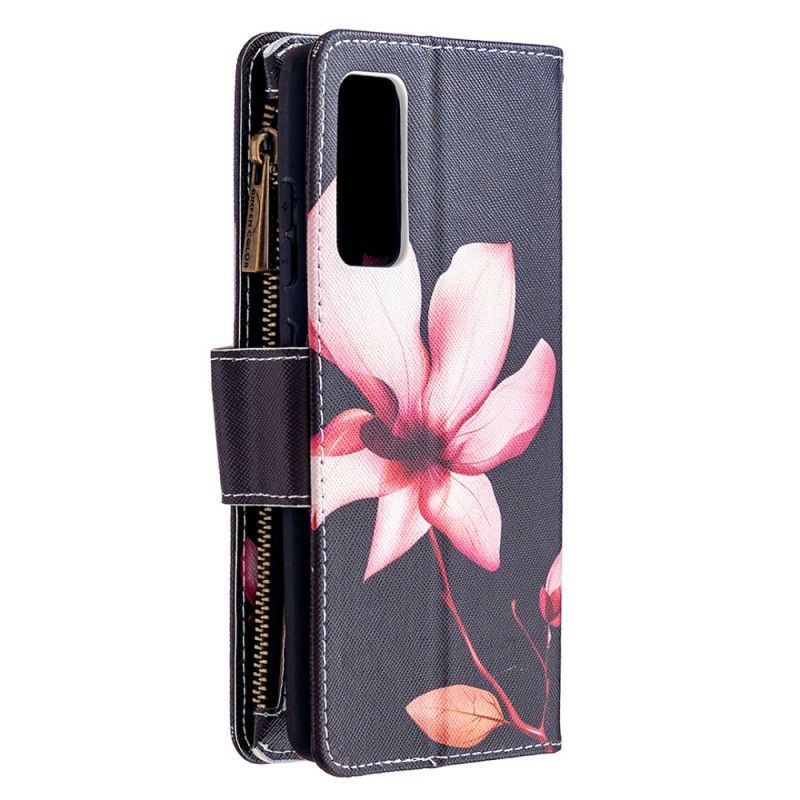 Leren Hoesje Samsung Galaxy S20 FE Wit Zwart Bloemenvak Met Ritssluiting