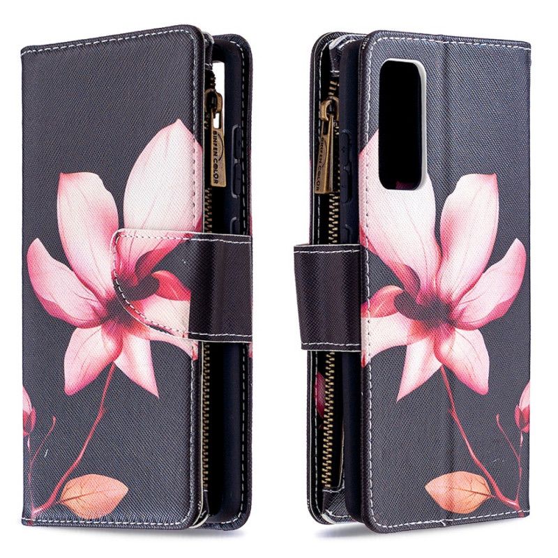 Leren Hoesje Samsung Galaxy S20 FE Wit Zwart Bloemenvak Met Ritssluiting