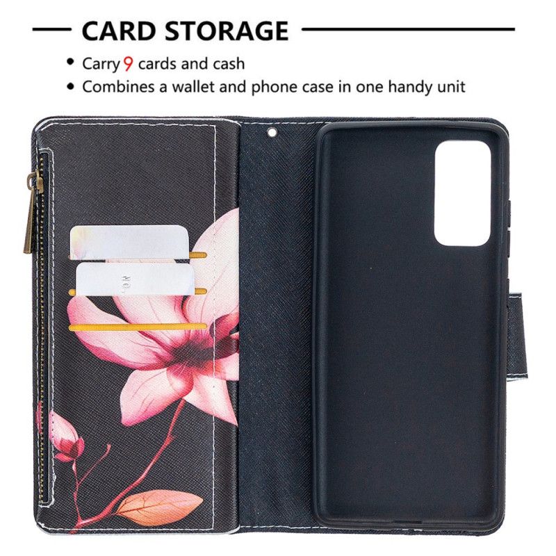 Leren Hoesje Samsung Galaxy S20 FE Wit Zwart Bloemenvak Met Ritssluiting