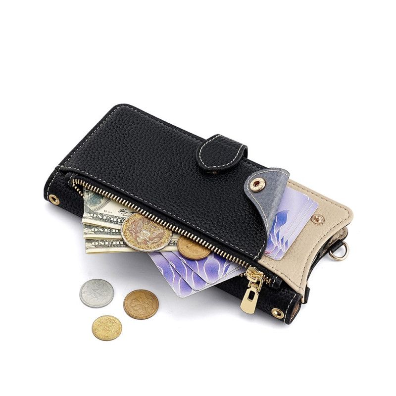 Flip Case Leren Realme C71 Tweekleurige Portemonnee Met Spiegel En Schouderband