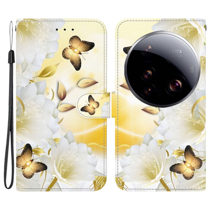 Folio-hoesje Xiaomi 15 Ultra Gouden Vlinders En Witte Bloemen