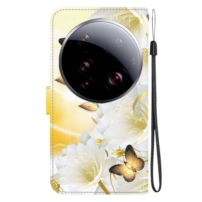 Folio-hoesje Xiaomi 15 Ultra Gouden Vlinders En Witte Bloemen