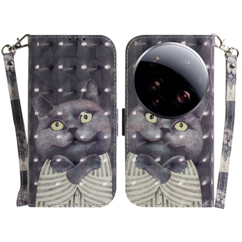 Folio-hoesje Xiaomi 15 Ultra Grijze Kat Met Sleutelkoord
