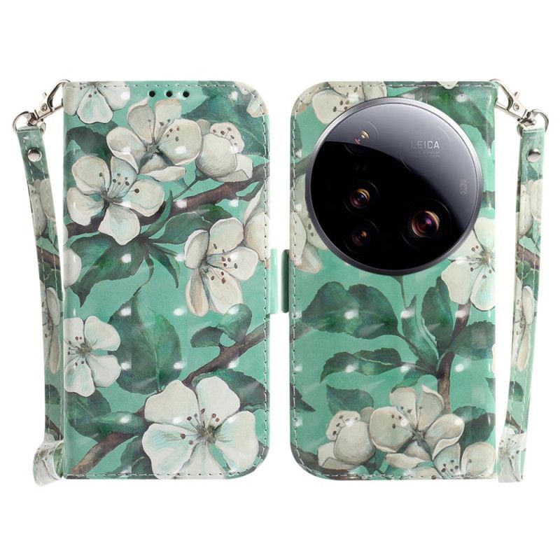 Folio-hoesje Xiaomi 15 Ultra Telefoonhoesje Witte Bloemen Met Sleutelkoord