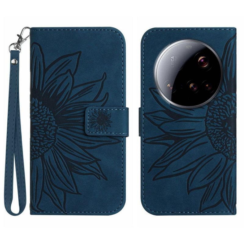 Leren Hoesje Voor Xiaomi 15 Ultra Zonnebloemprint Met Bandje