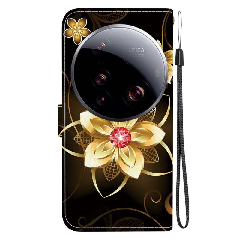 Leren Hoesje Xiaomi 15 Ultra Gouden Bloem Bescherming Hoesje