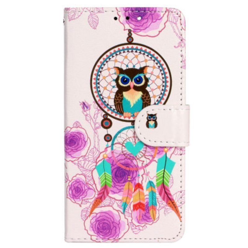 Leren Hoesje voor iPhone 15 Met Ketting Uil Dromenvanger Met Riem