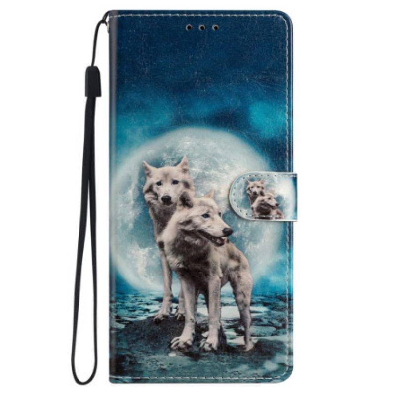 Leren Hoesje voor iPhone 15 Met Ketting Wolven Onder Het Maankoord