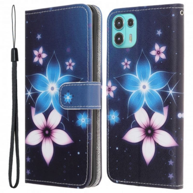 Leren Hoesje Motorola Edge 20 Lite Maanbloemen Met Riem Bescherming Hoesje