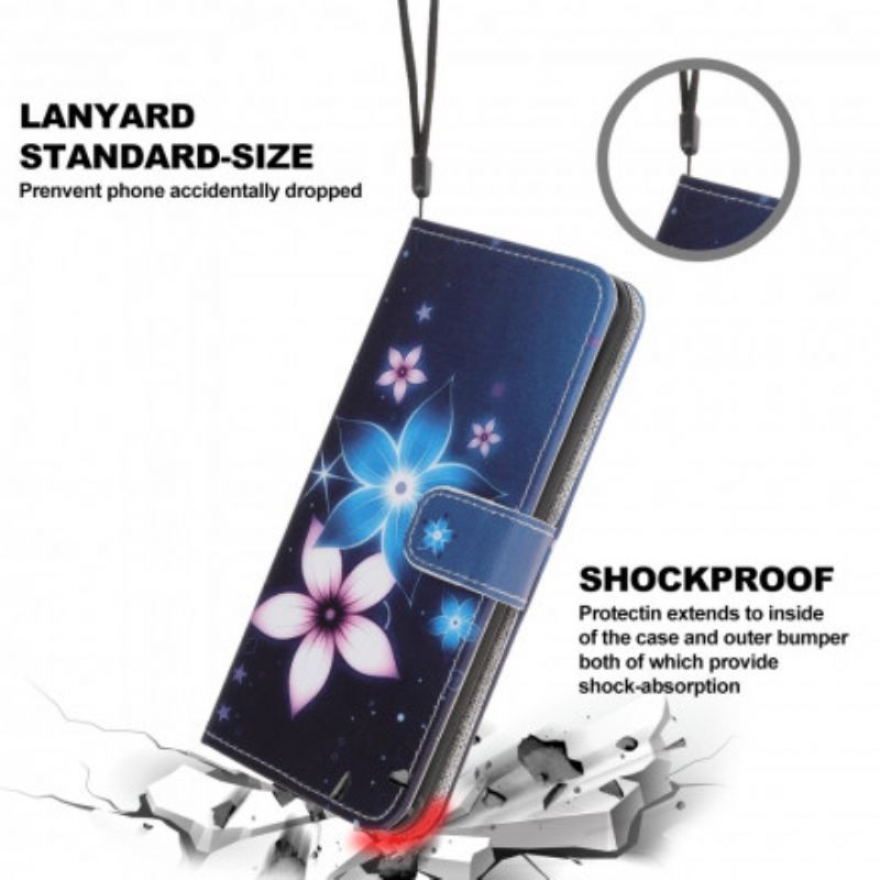 Leren Hoesje Motorola Edge 20 Lite Maanbloemen Met Riem Bescherming Hoesje
