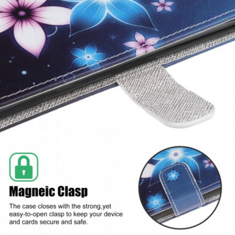 Leren Hoesje Motorola Edge 20 Lite Maanbloemen Met Riem Bescherming Hoesje