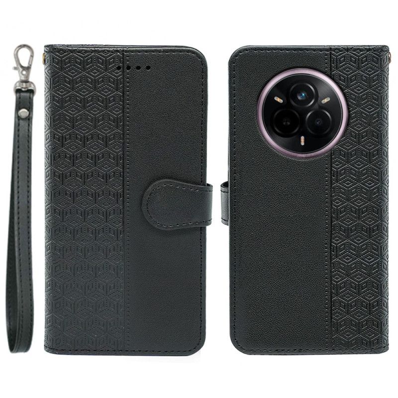 Leren Hoesje Voor Realme 14 Pro Plus 5g Bandje Met Kubistisch Patroon