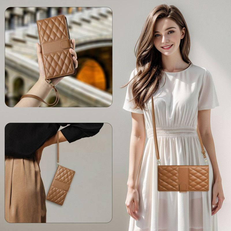 Leren Hoesje Voor Realme 14 Pro Plus 5g Gewatteerd Met Bandje En Schouderband