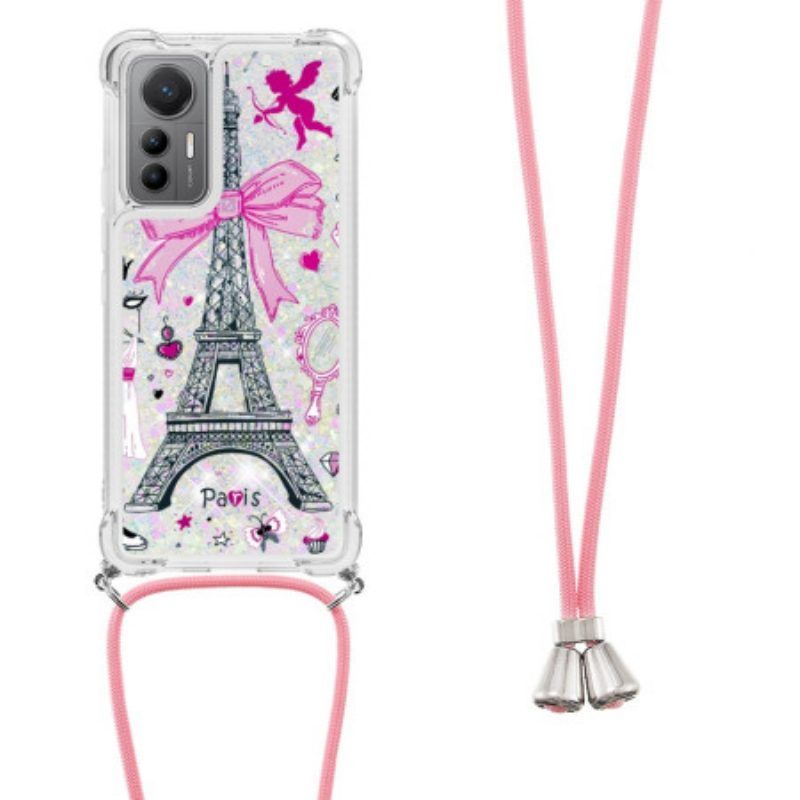 Hoesje voor Xiaomi 12 Lite Met Koord Eiffeltoren Glitter Trekkoord