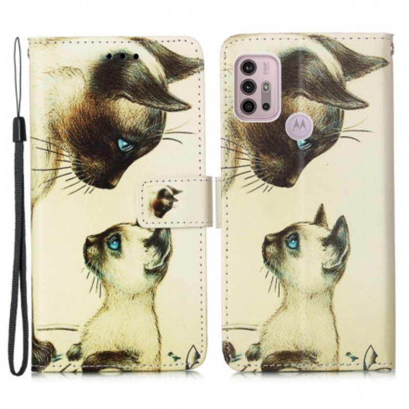 Leren Hoesje Moto G30 / G10 Kitten En Mama Met Bandjes Bescherming Hoesje