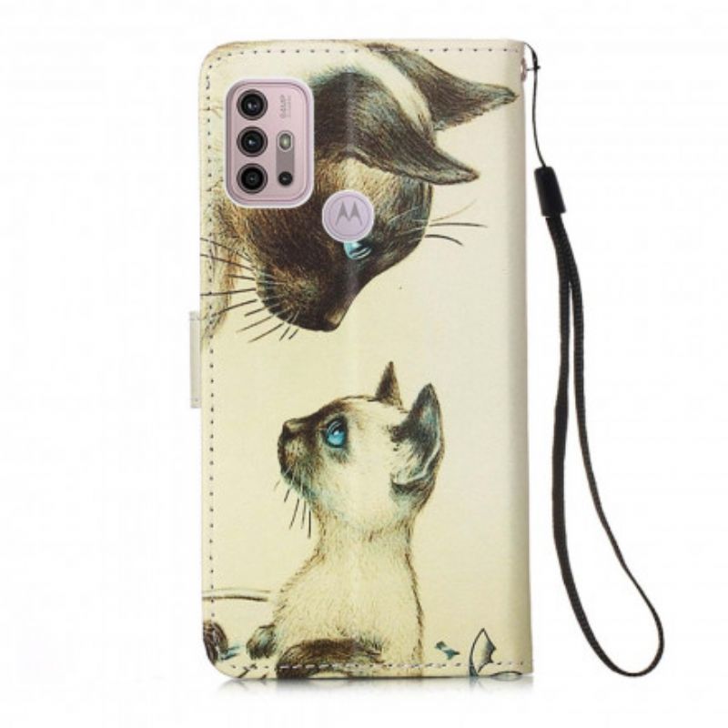 Leren Hoesje Moto G30 / G10 Kitten En Mama Met Bandjes Bescherming Hoesje