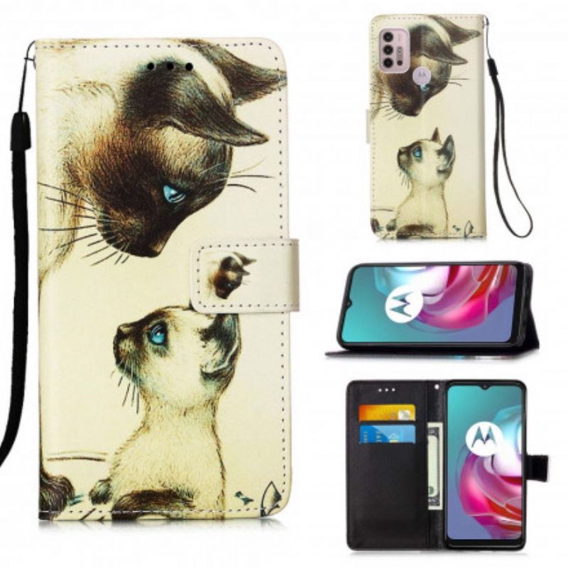 Leren Hoesje Moto G30 / G10 Kitten En Mama Met Bandjes Bescherming Hoesje