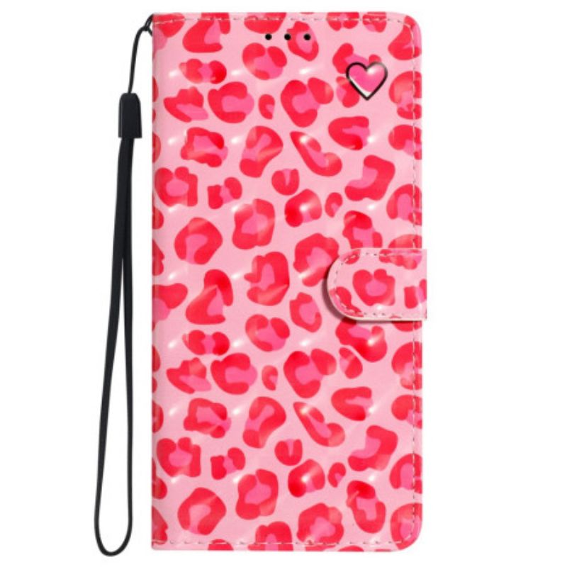 Leren Hoesje Voor iPhone 16 Roze Luipaardprint Met Riempje