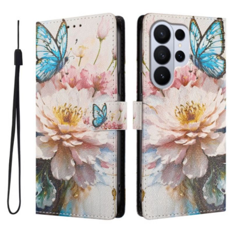 Leren Hoesje Samsung Galaxy S26 Ultra Pioenroos En Vlinder Bescherming Hoesje