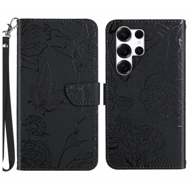 Leren Hoesje Voor Samsung Galaxy S26 Ultra Bandje Met Vlinderprint