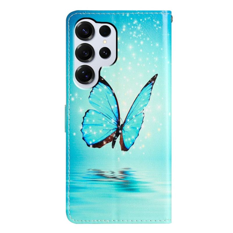 Leren Hoesje Voor Samsung Galaxy S26 Ultra Blauwe Vlinder Op Het Water