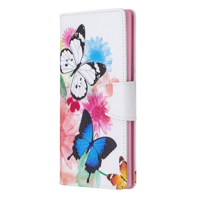 Leren Hoesje Samsung Galaxy Note 10 Plus Lichtblauw Telefoonhoesje Geschilderde Vlinders En Bloemen