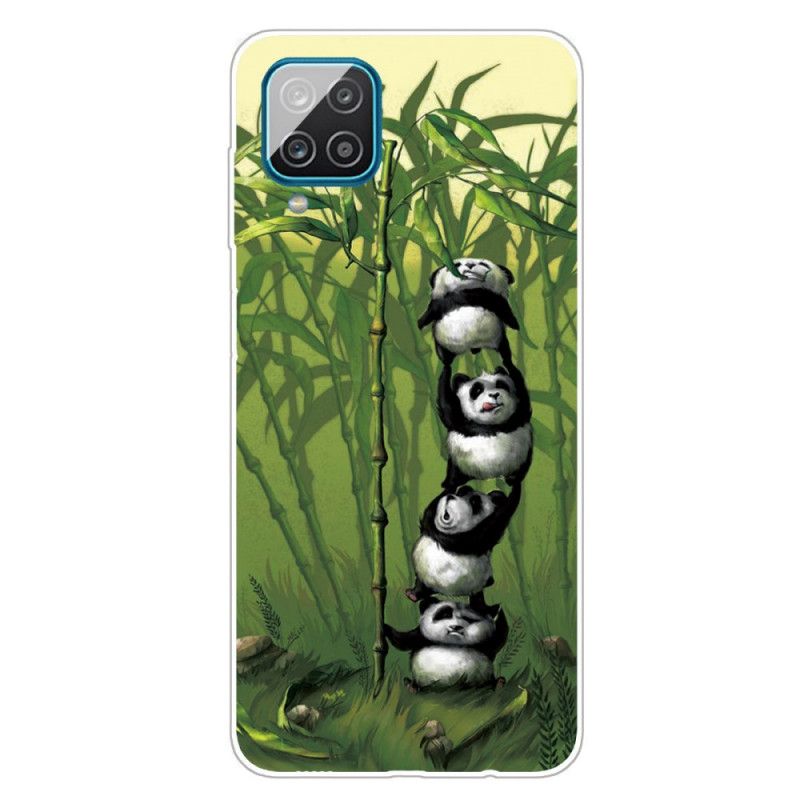 Cover Hoesje Samsung Galaxy A12 Lichtblauw Groen Telefoonhoesje Stapel Panda'S