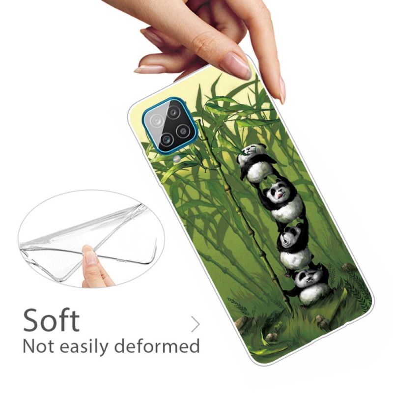 Cover Hoesje Samsung Galaxy A12 Lichtblauw Groen Telefoonhoesje Stapel Panda'S