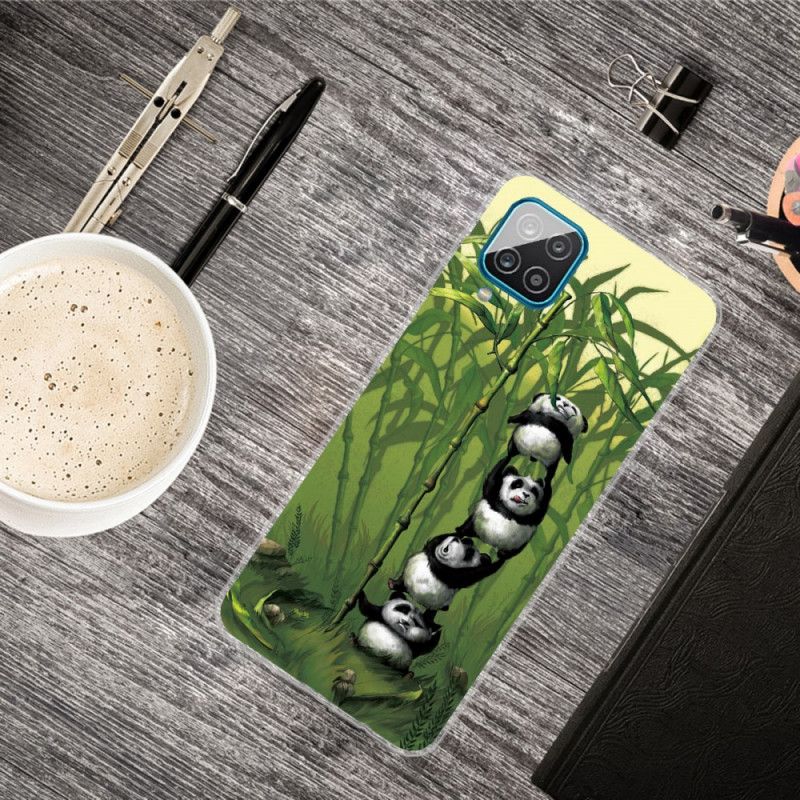 Cover Hoesje Samsung Galaxy A12 Lichtblauw Groen Telefoonhoesje Stapel Panda'S